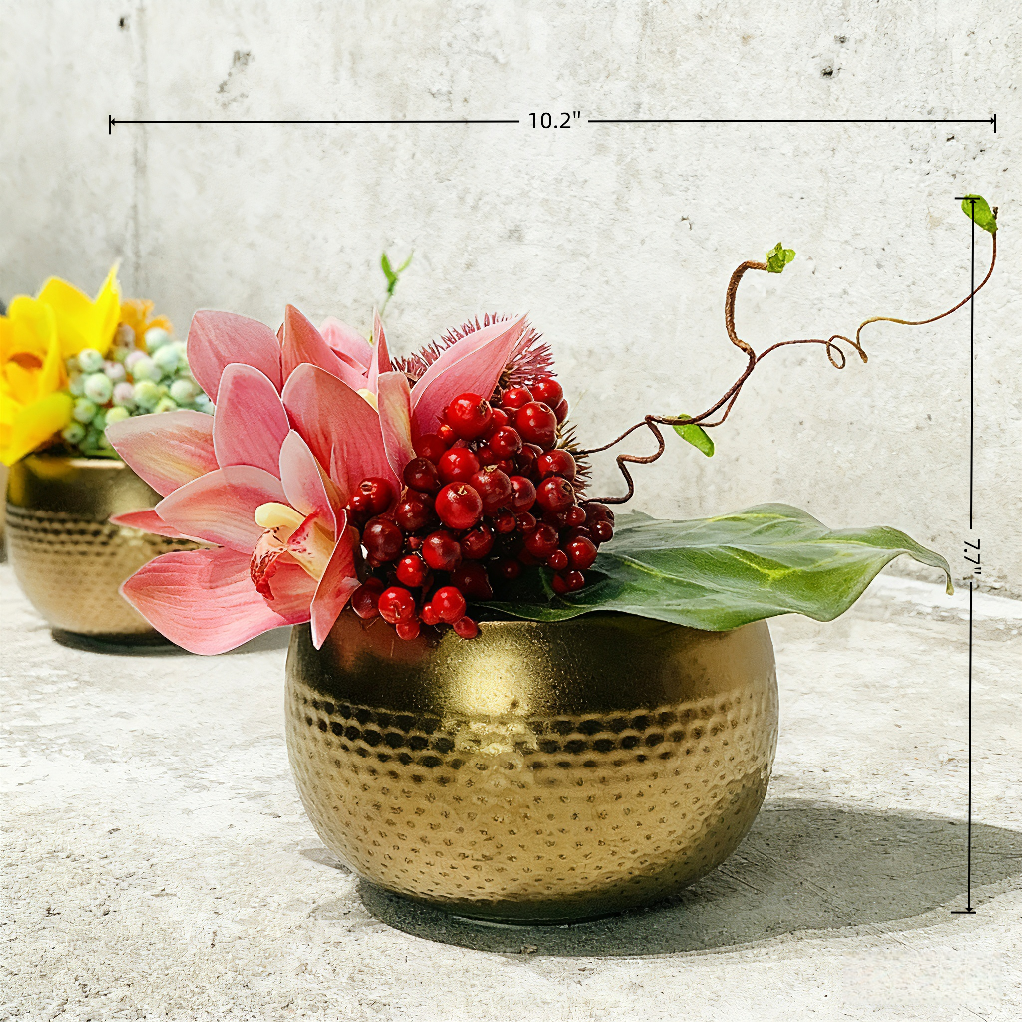 Handmade Silk Floral Arrangement(26cm*20cm): Yellow Orchid in Gold Ceramic Vase