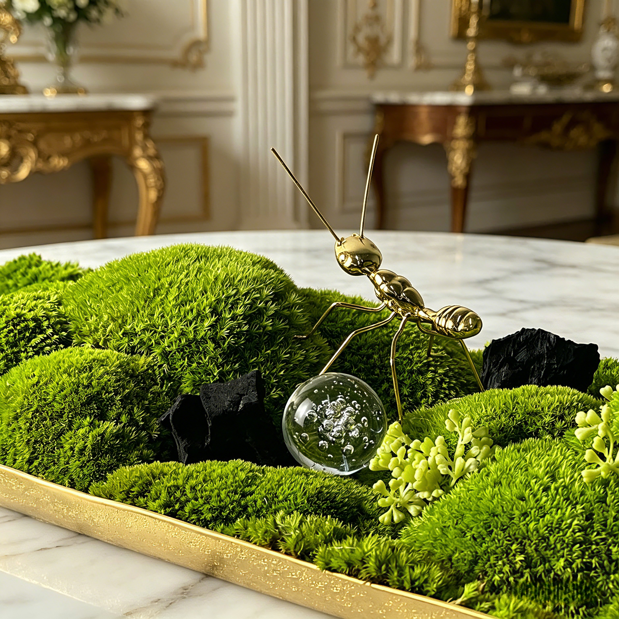 19.3" Solid Brass Moss Tray Centerpiece with Crystal & Ant Detail, Whimsical Biophilic Coffee Table Decor, Luxury Wabi-Sabi Landscape
