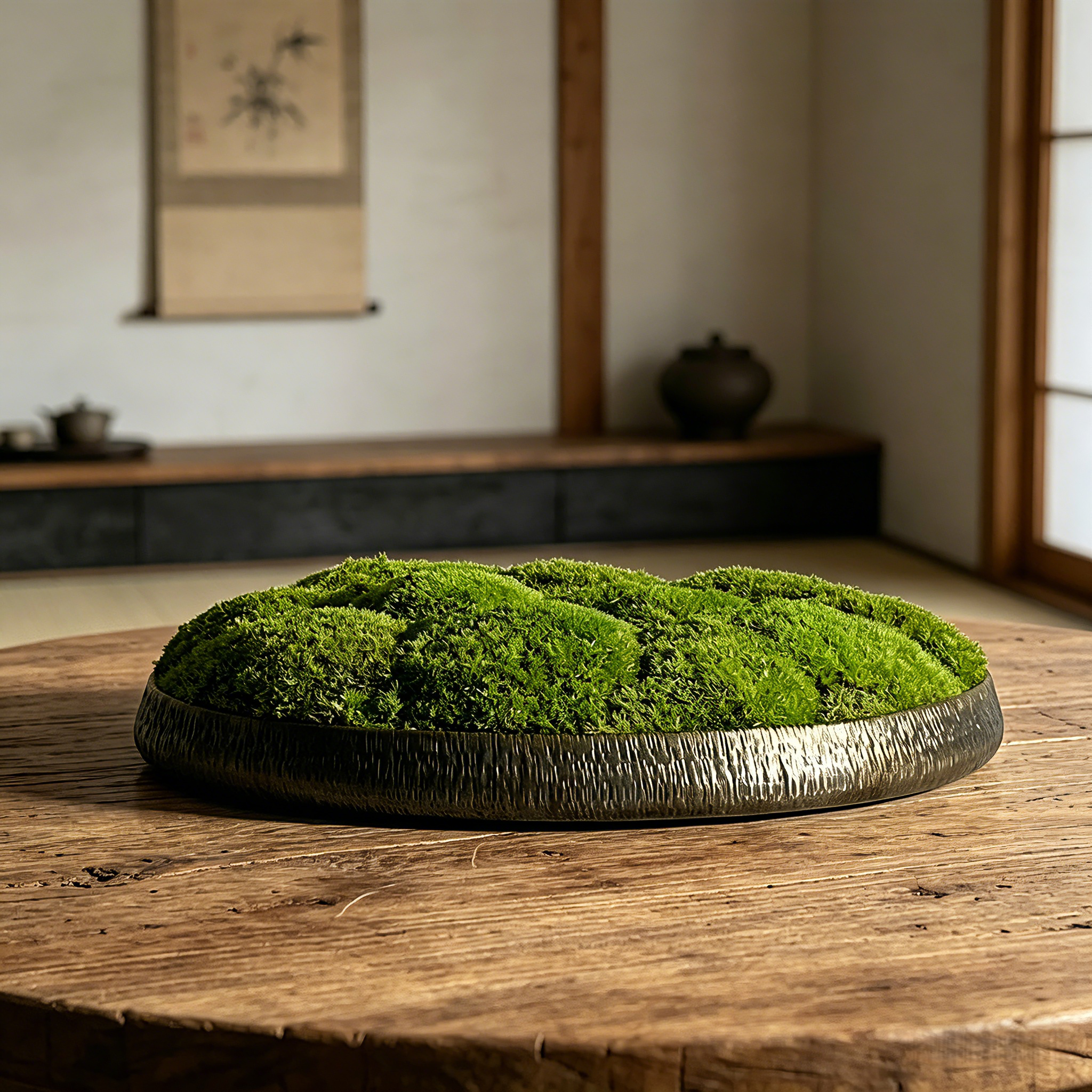 11.8" Solid Copper Moss Bowl Centerpiece, Hammered Texture Preserved Moss Art, Wabi-Sabi Coffee Table Decor, Rustic Biophilic Interior