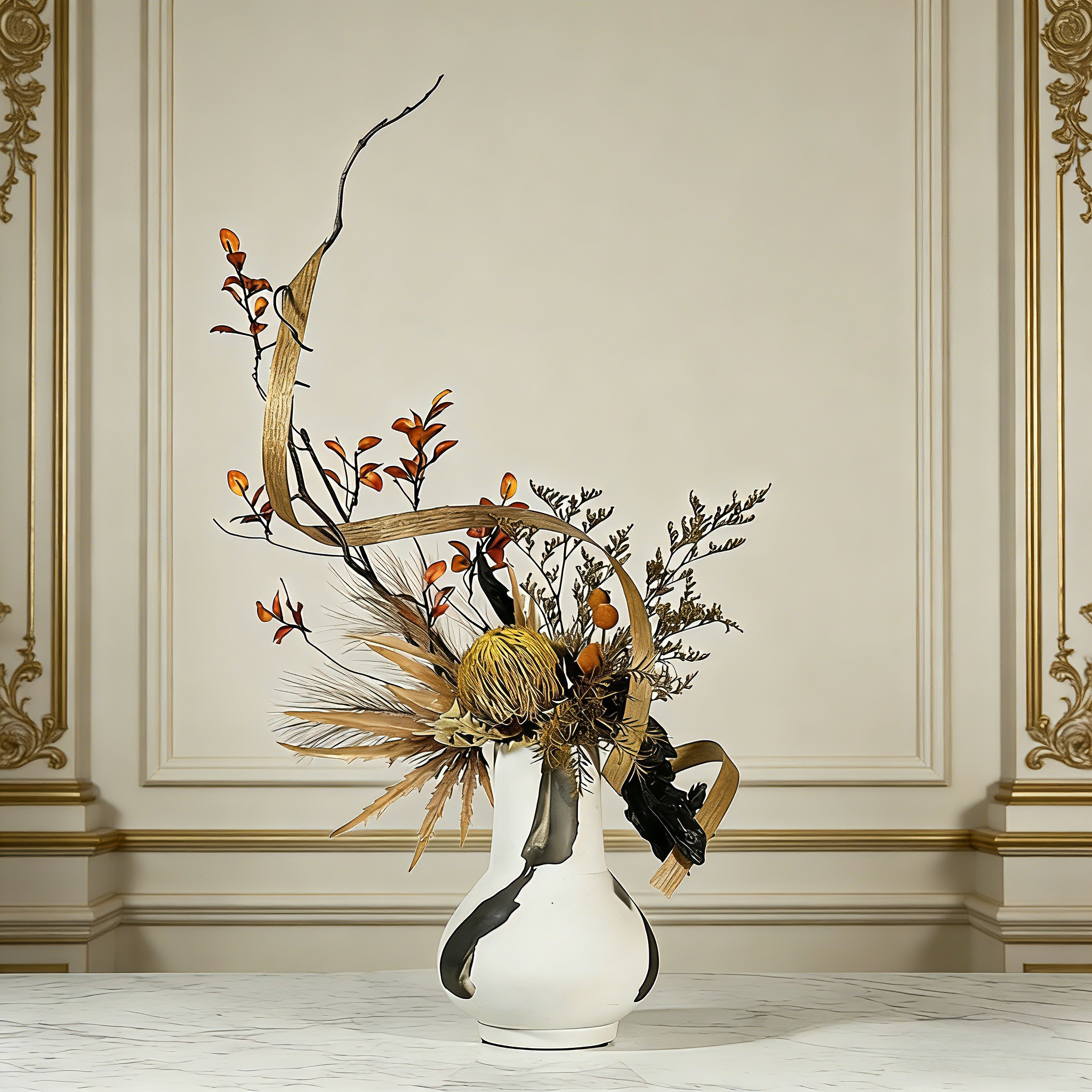Unique Handmade Artificial Floral Art With Natural Wood Branch Arrangement(70cm*35cm) In Ceramic Vase. Indoor Plant Gift For Home & Office
