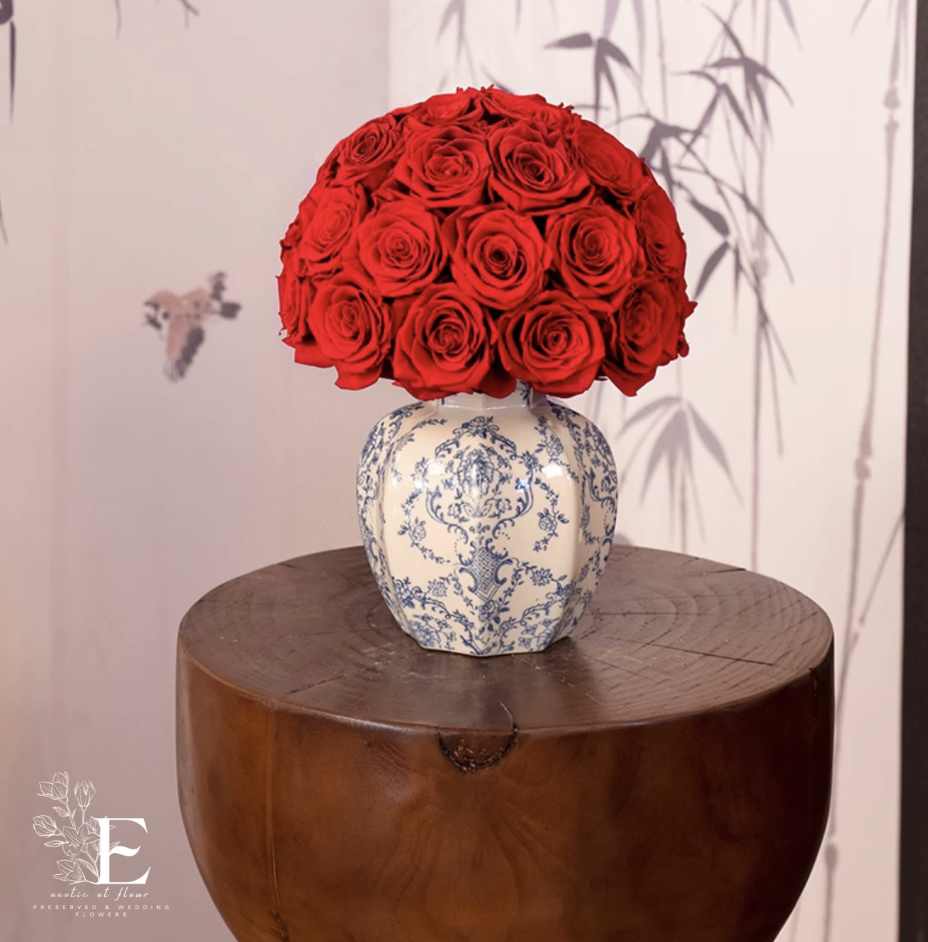 Preserved Rose in Blue & White Porcelain Vase: Handmade Asian Home Decor