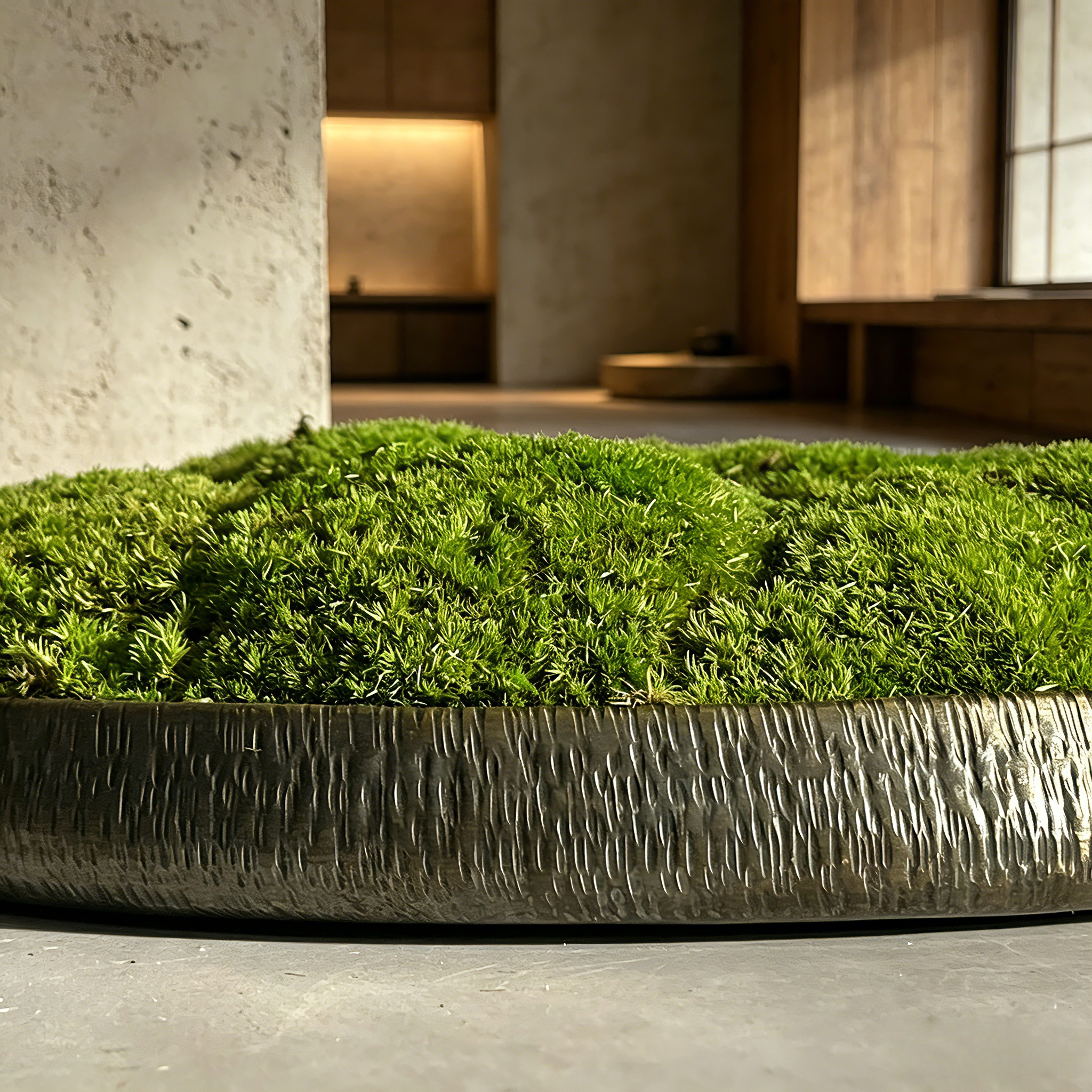 11.8" Solid Copper Moss Bowl Centerpiece, Hammered Texture Preserved Moss Art, Wabi-Sabi Coffee Table Decor, Rustic Biophilic Interior