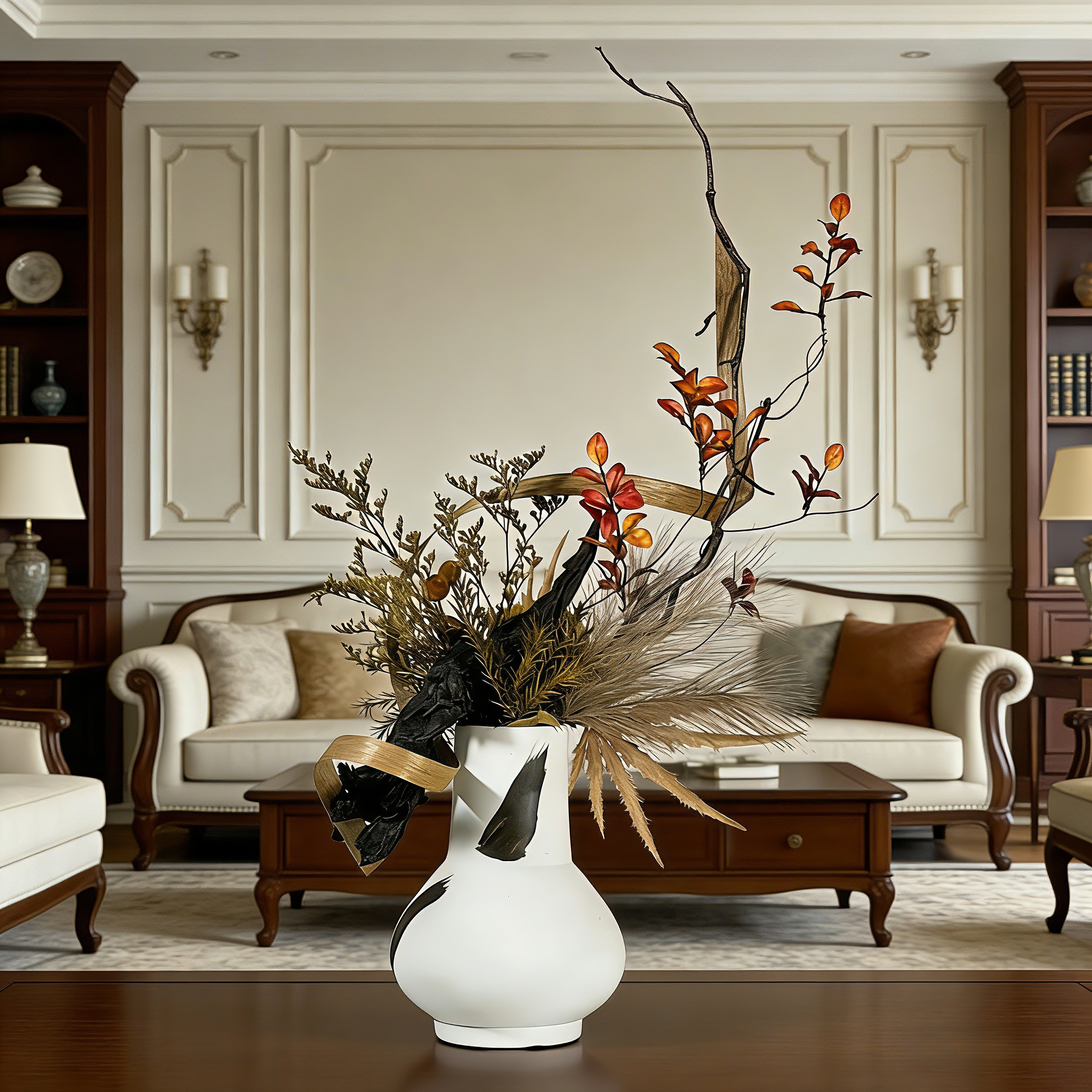 Unique Handmade Artificial Floral Art With Natural Wood Branch Arrangement(70cm*35cm) In Ceramic Vase. Indoor Plant Gift For Home & Office