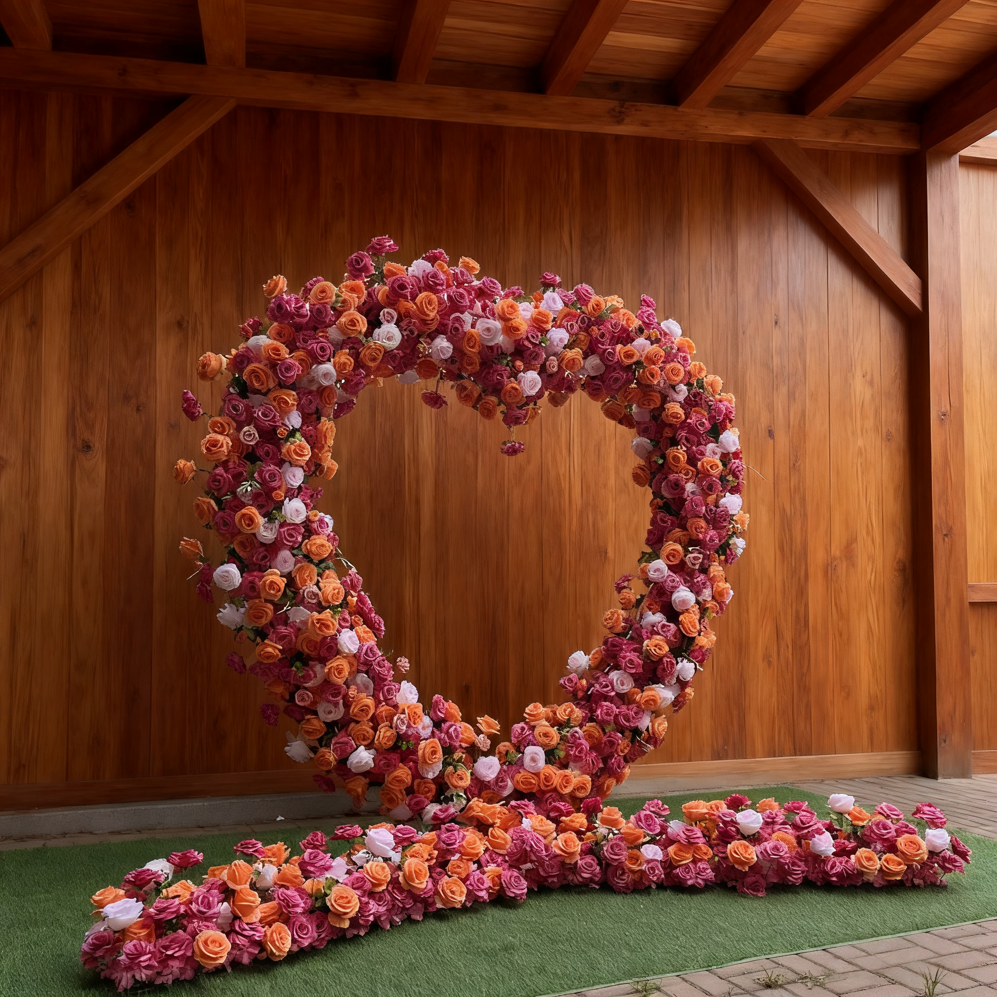 Silk Flower Wedding Arch: Pink & Orange Heart Backdrop (With Stand And Flooring Garlands)