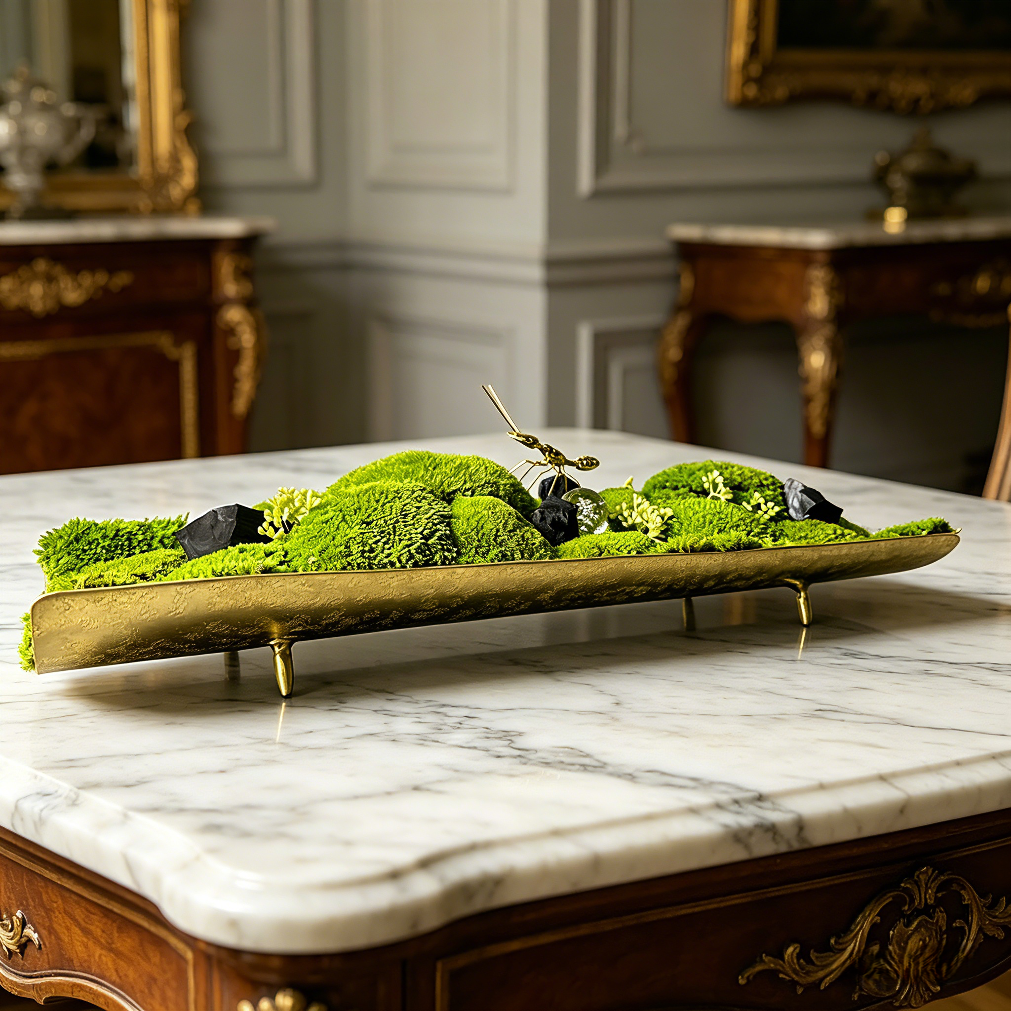 19.3" Solid Brass Moss Tray Centerpiece with Crystal & Ant Detail, Whimsical Biophilic Coffee Table Decor, Luxury Wabi-Sabi Landscape