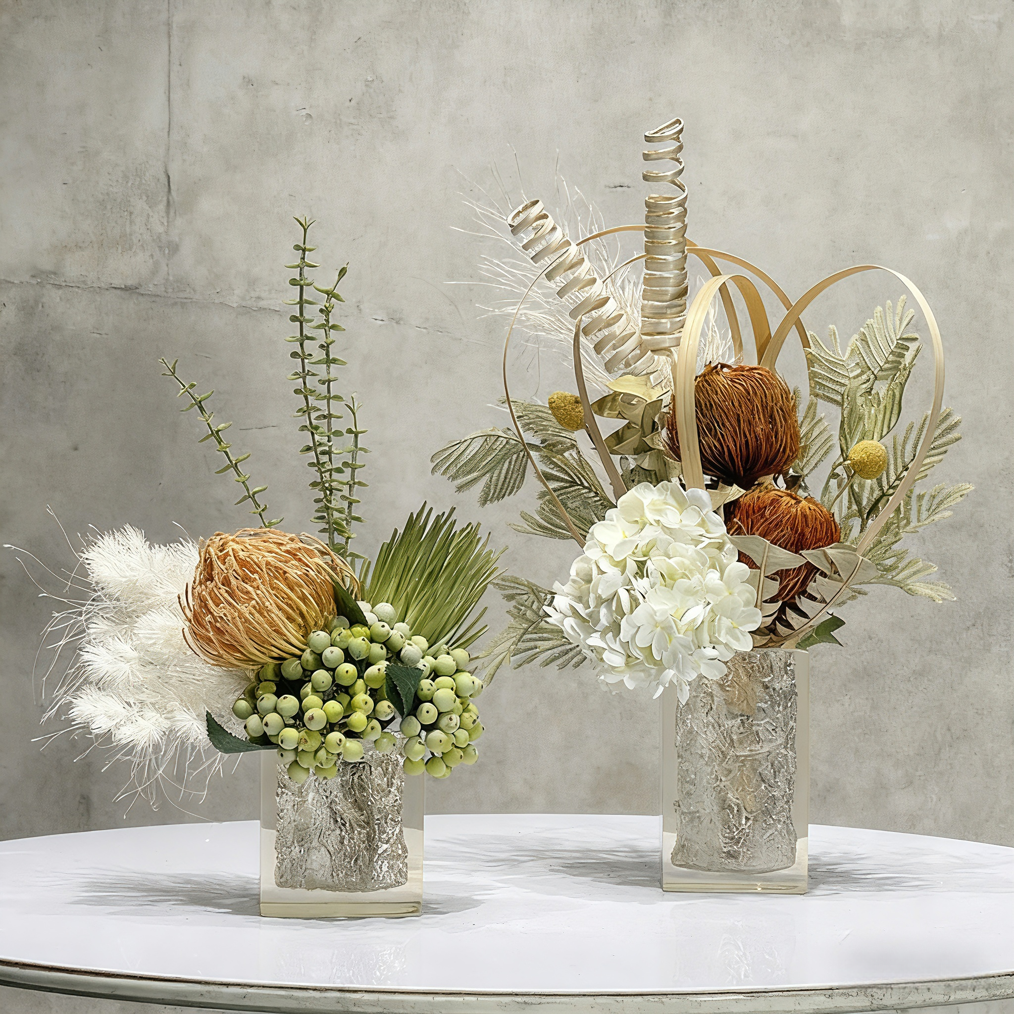 Handmade Silk Flower Arrangement(55cm*50cm): Modern Glass Vase Centerpiece With Wood Details