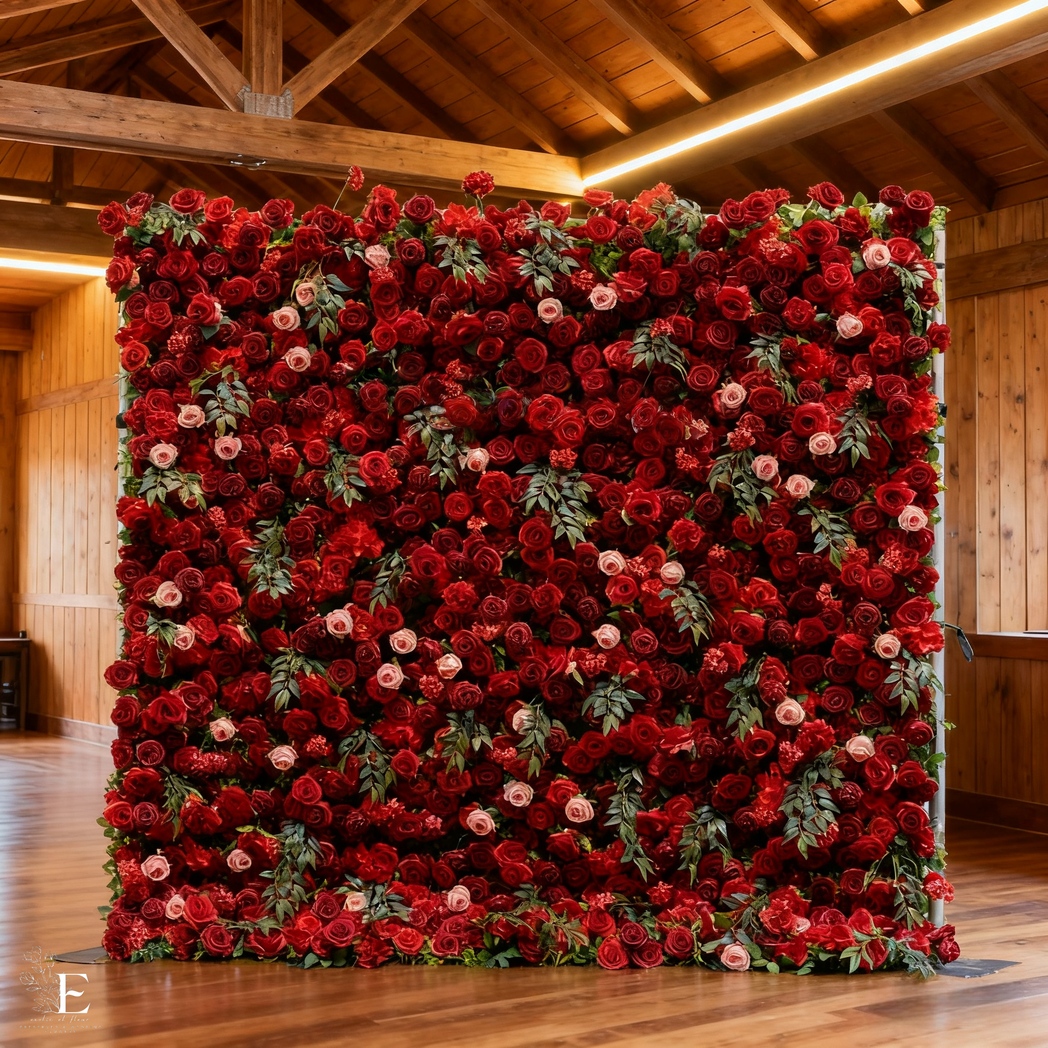 5D Burgundy Red Rose Flower With Green Leaf Backdrop: 8x8ft Silk Wedding And Propose Decor