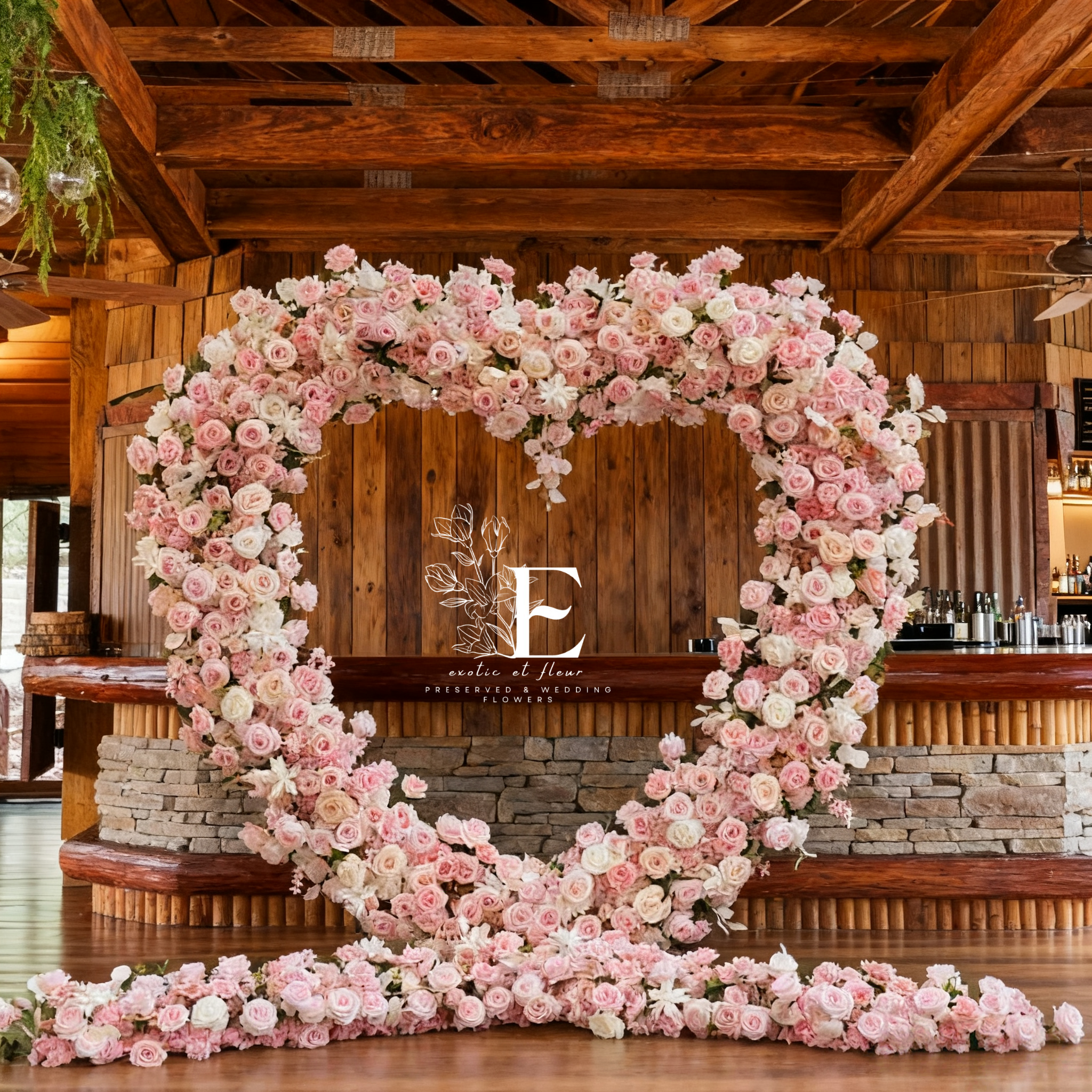 Pink Silk Flower Heart Arch: Wedding Backdrop With Stand And Flooring Garlands(6.5/7.8Ft)