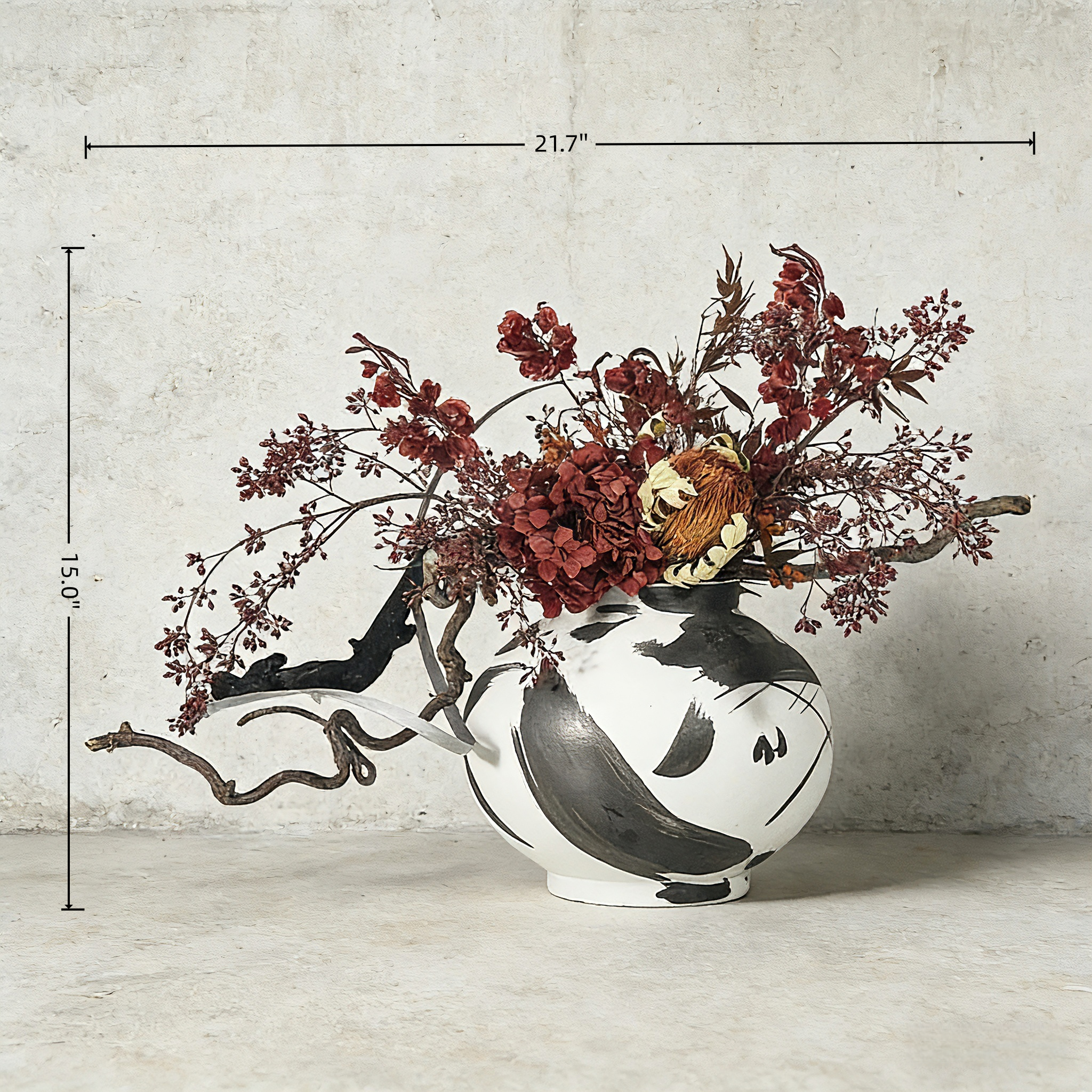 Handmade Wabi-Sabi Faux Floral Art (55cm*38cm)With Natural Wood And Design Ceramic Vase