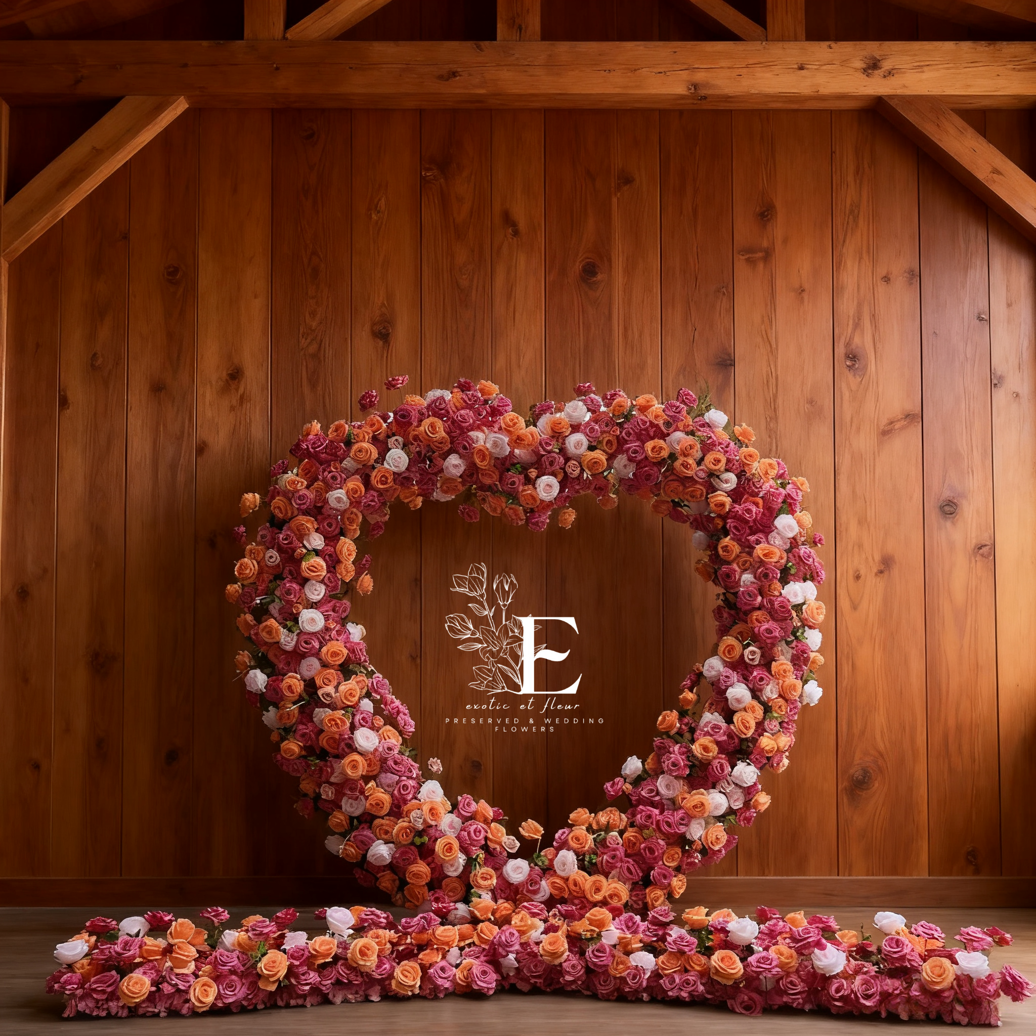 Silk Flower Wedding Arch: Pink & Orange Heart Backdrop (With Stand And Flooring Garlands)