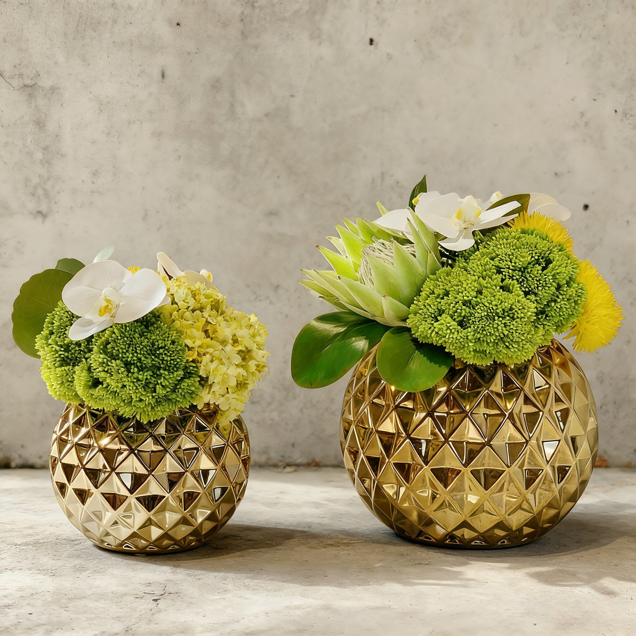 Handmade Silk Floral Arrangement(29cm*26cm): Yellow Orchid And Moss in Gold Ceramic Vase