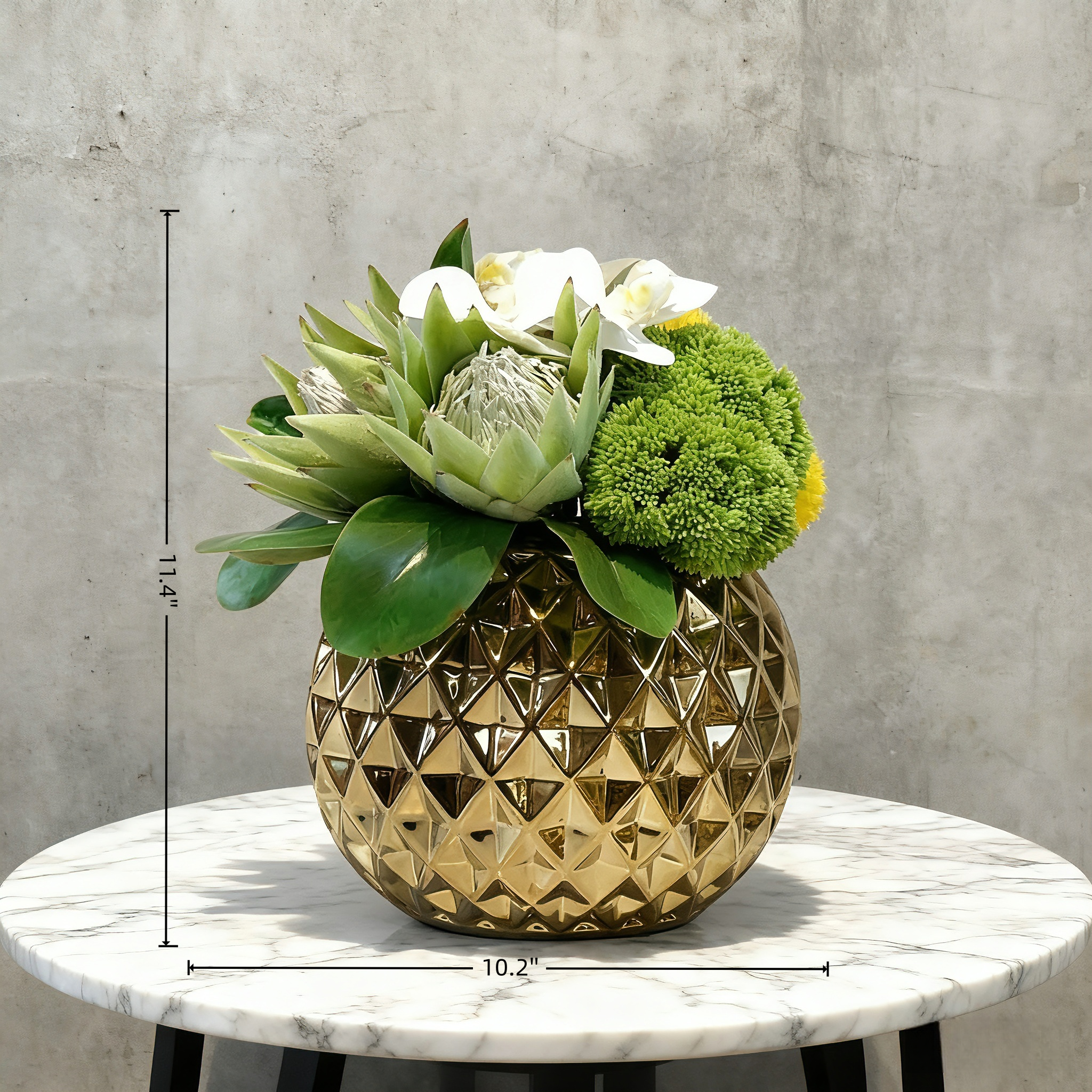 Handmade Silk Floral Arrangement(29cm*26cm): Yellow Orchid And Moss in Gold Ceramic Vase
