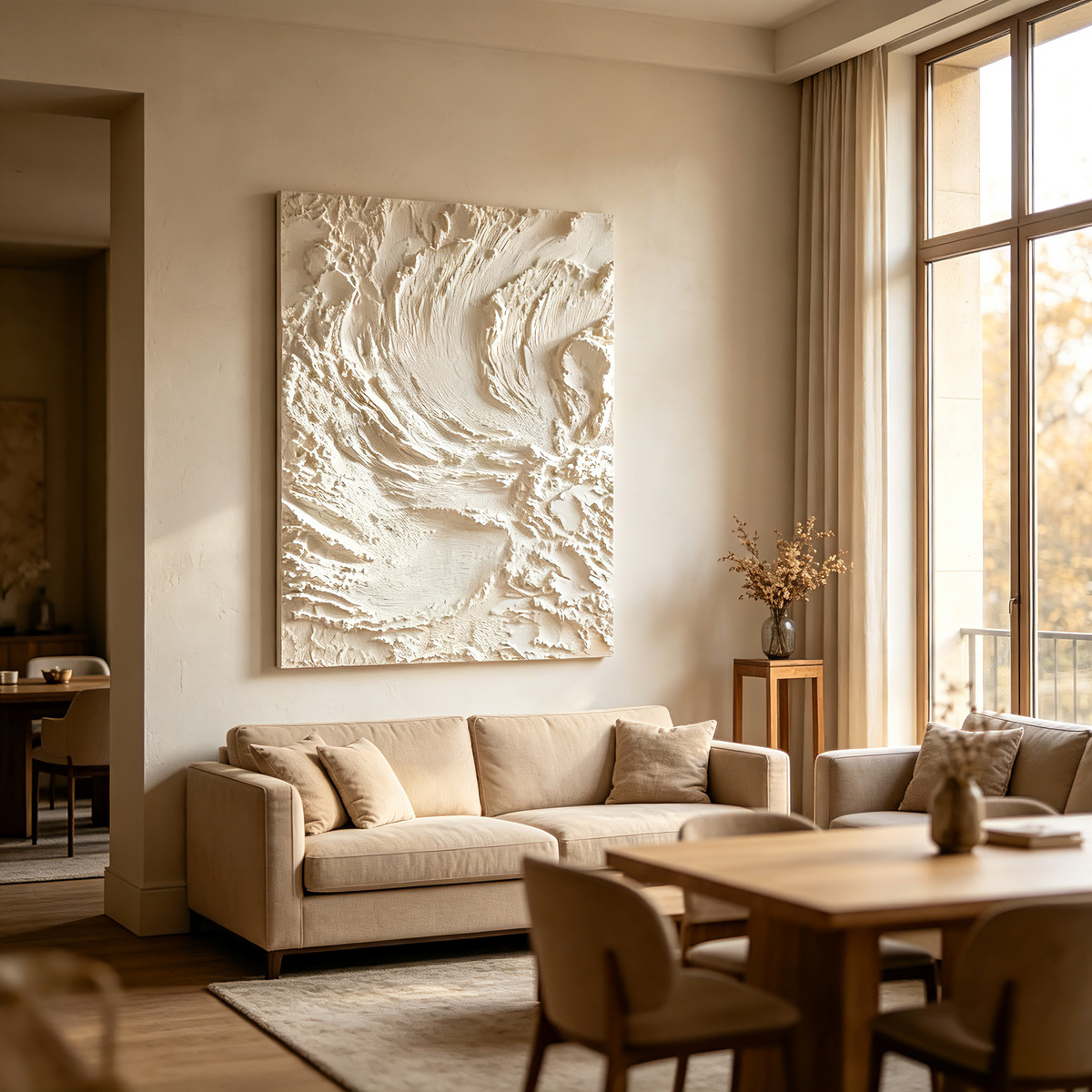 Sculptural Bas Relief Wall Art, Carved Plaster Canvas Painting, White Wabi Sabi Textured Art, Large Organic Modern Living Room Decor