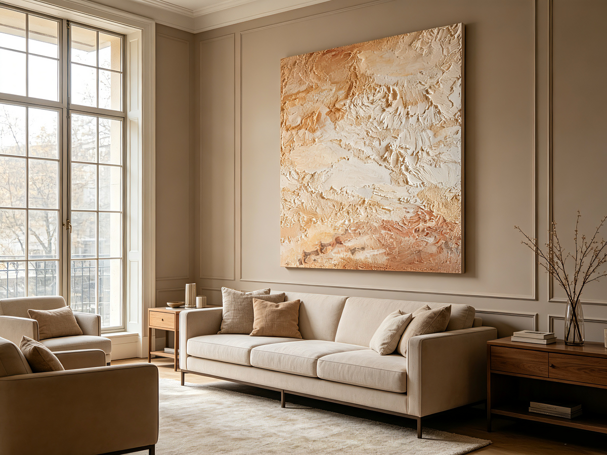 Organic Modern Plaster Wall Art, Warm Minimalist Beige Textured Canvas, 3D Wabi Sabi Relief Painting, Oversized Living Room Decor