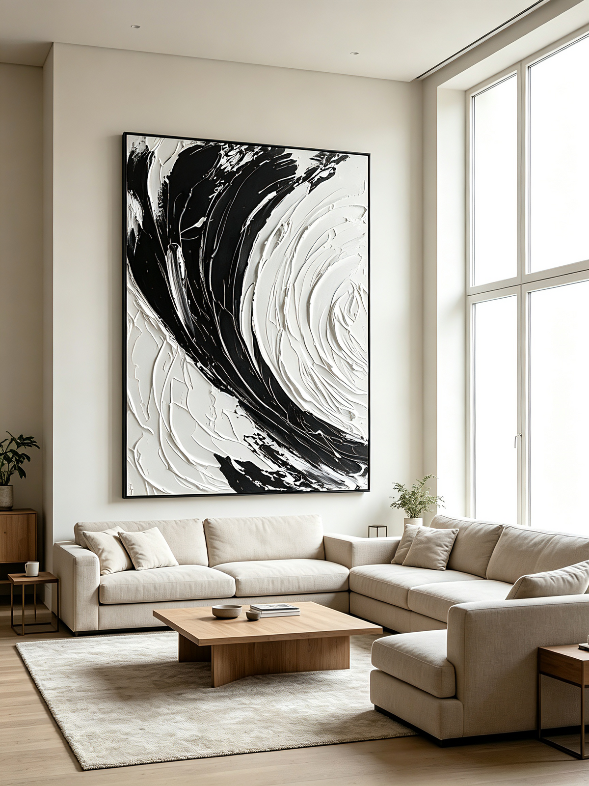 Wabi Sabi Textured Wall Art, 3D Black and White Canvas Painting, Minimalist Bas Relief Art, Large Impasto Living Room Decor