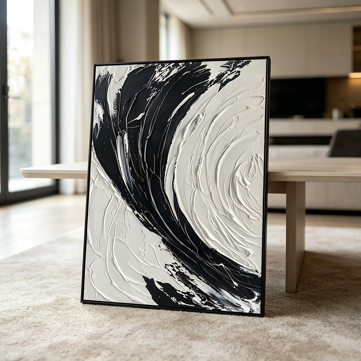 Wabi Sabi Textured Wall Art, 3D Black and White Canvas Painting, Minimalist Bas Relief Art, Large Impasto Living Room Decor