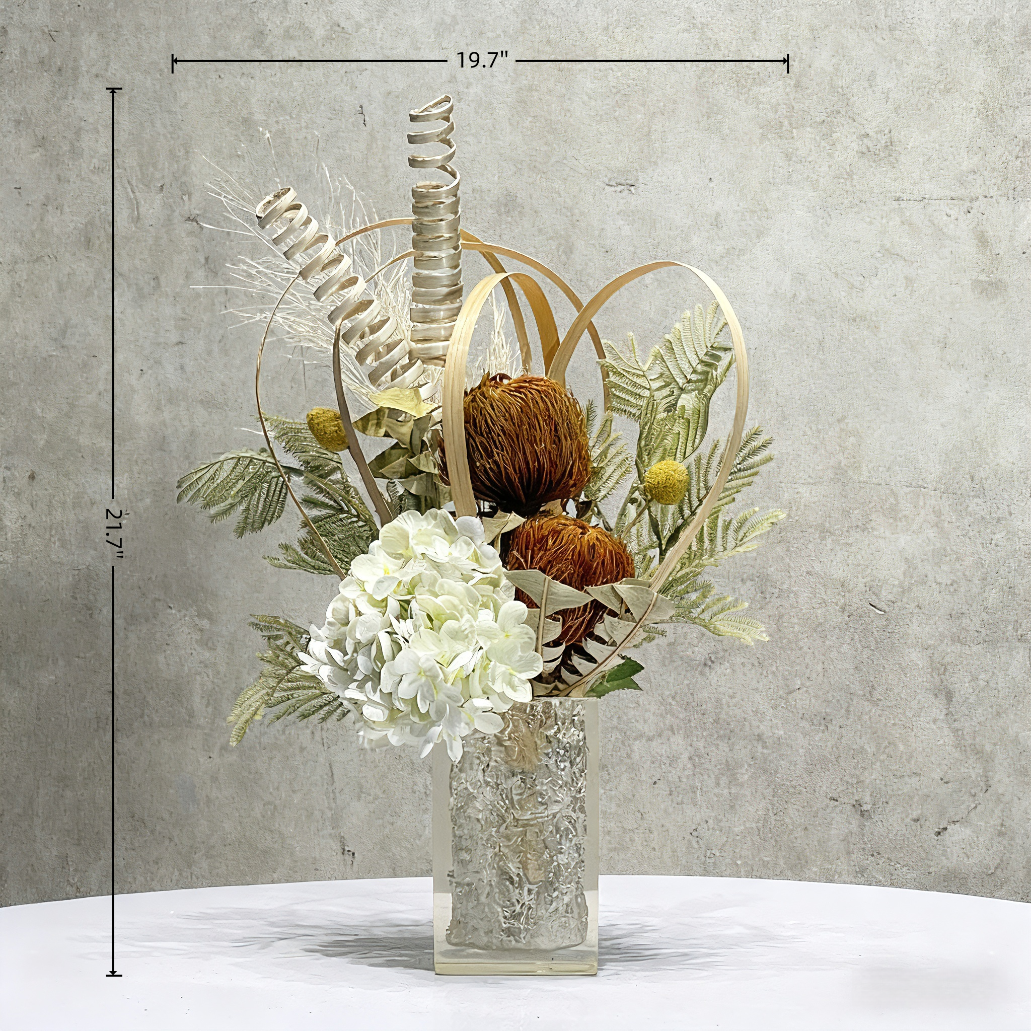 Handmade Silk Flower Arrangement(55cm*50cm): Modern Glass Vase Centerpiece With Wood Details