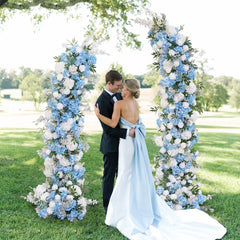 A8858 White Rose Blue Hydrangea Horn Arch Decor Wedding Backdrop Floor Flower Props