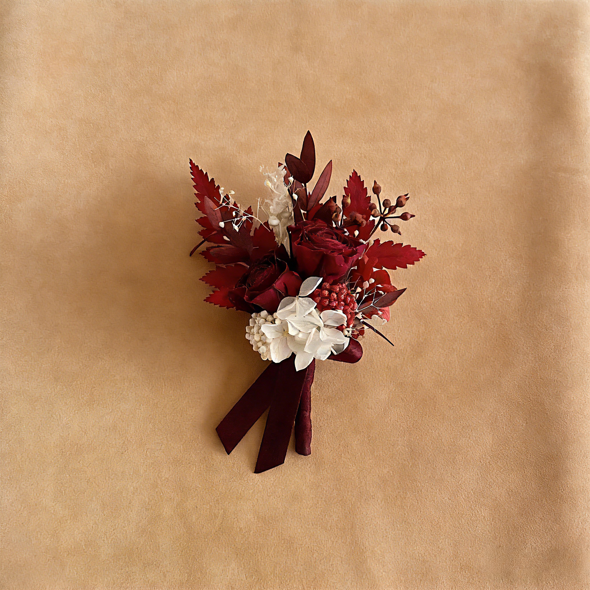 Handmade Preserved Burgundy Floral Boutonniere, Wrist Corsage, Wedding Party Accessory