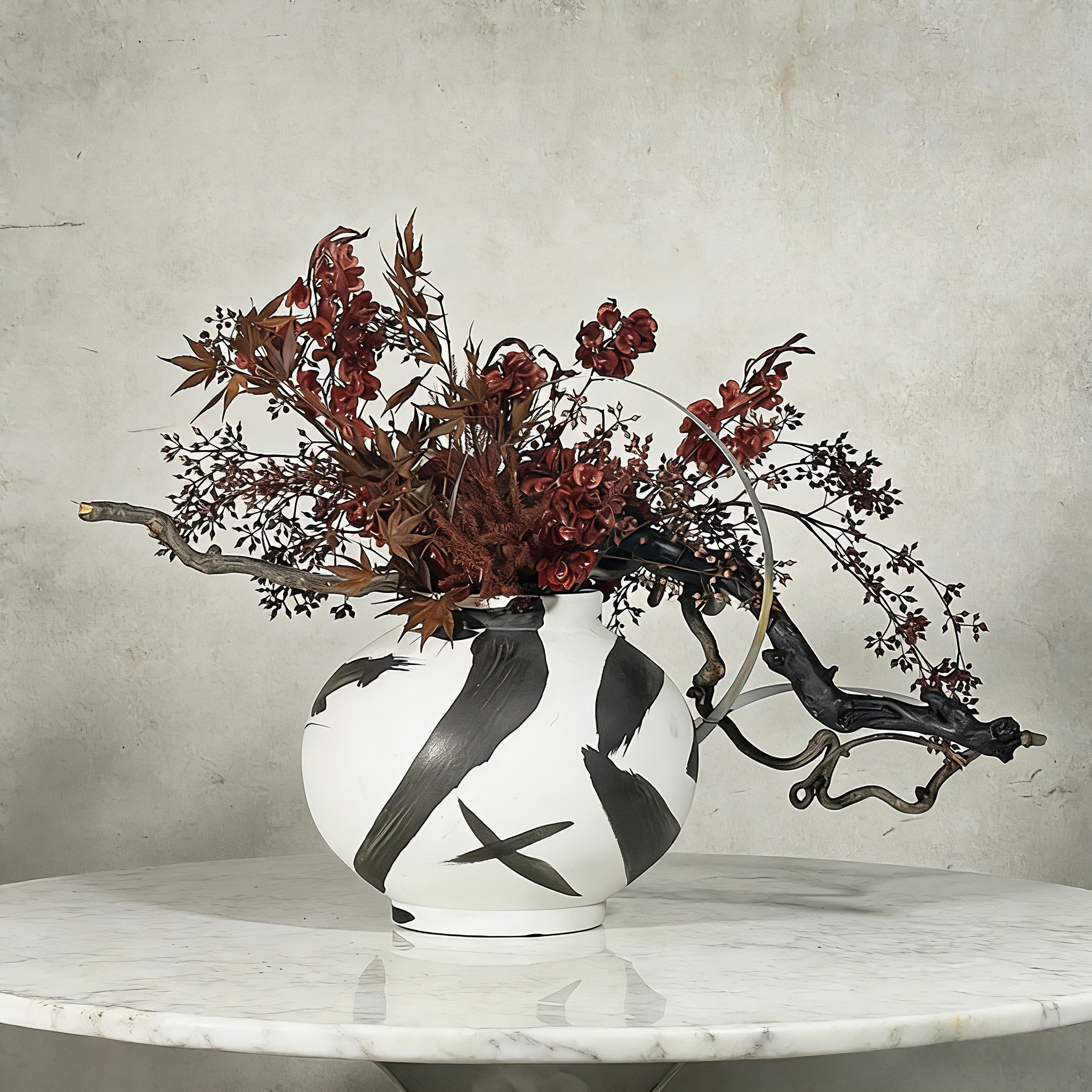 Handmade Wabi-Sabi Faux Floral Art With Natural Wood And Design Ceramic Vase