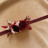 Handmade Preserved Burgundy Floral Boutonniere, Wrist Corsage, Wedding Party Accessory
