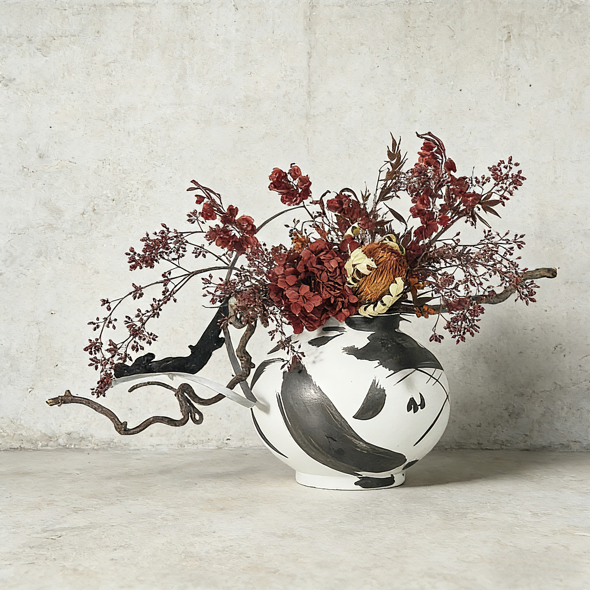 Handmade Wabi-Sabi Faux Floral Art With Natural Wood And Design Ceramic Vase