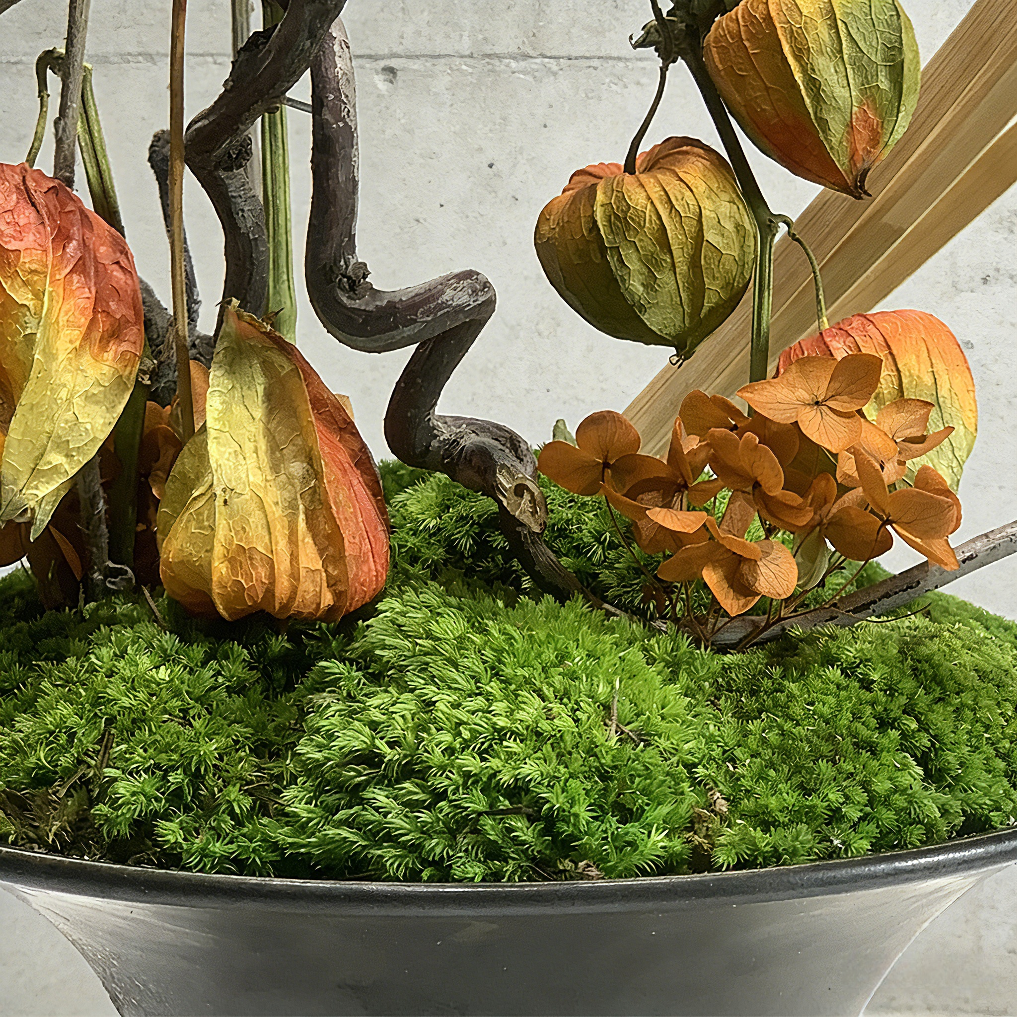 Handmade Preserved Moss With Artificial Floral, Natural Wood Arrangement In Ceramic Vase, Zen Decor for Home & Office. Indoor Plant Gift