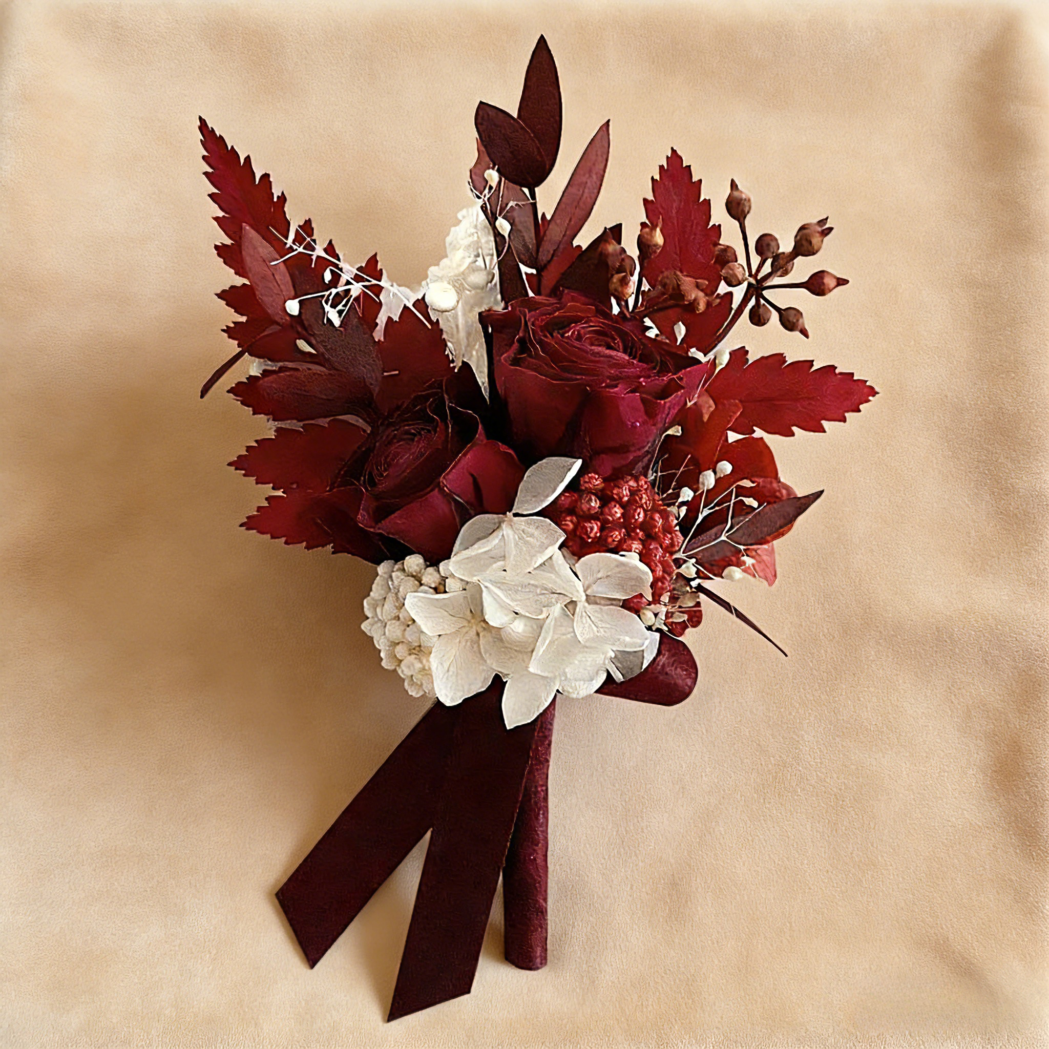 Handmade Preserved Burgundy Floral Boutonniere, Wrist Corsage, Wedding Party Accessory