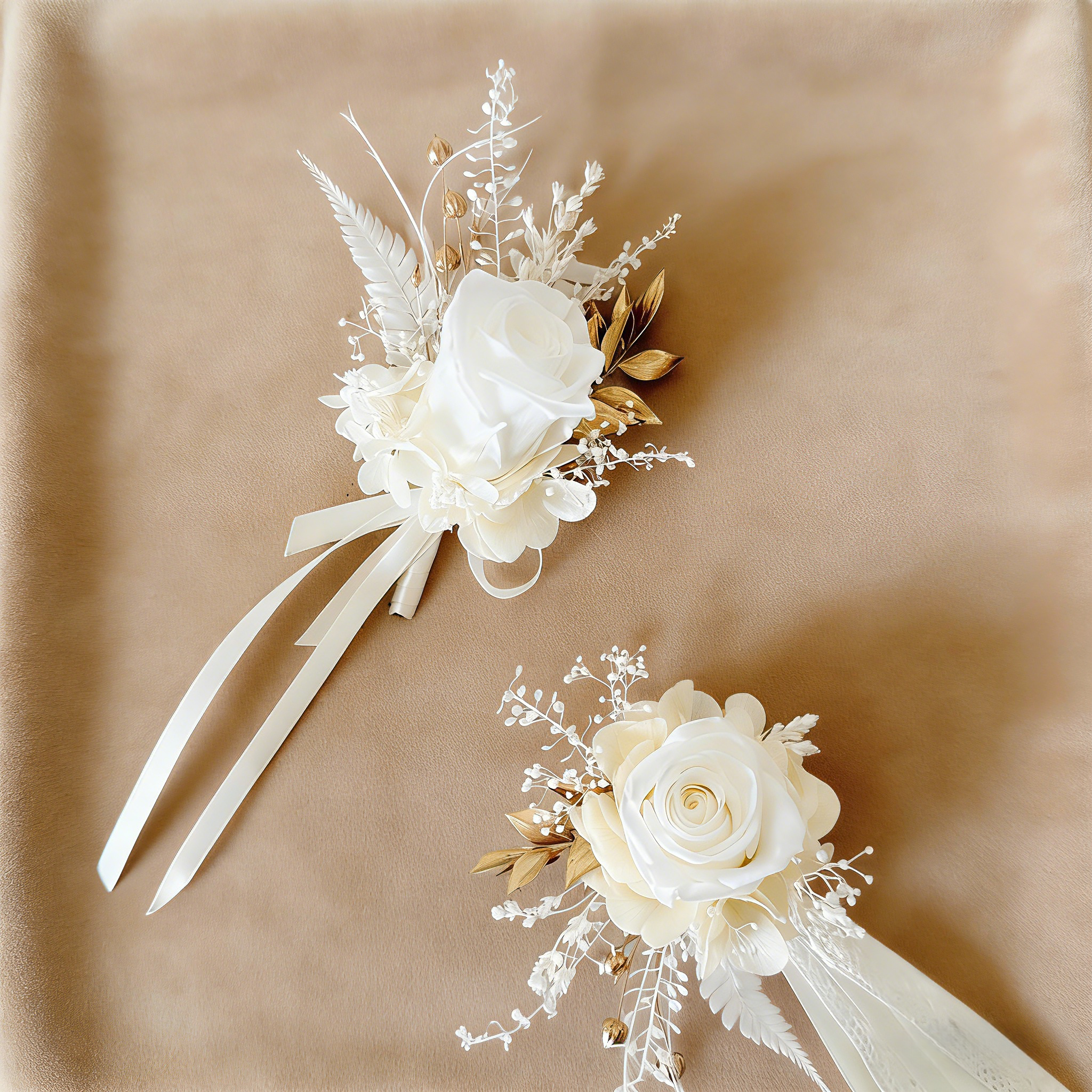 Handmade Preserved Champagne Floral Boutonniere, Wrist Corsage, Wedding Party Accessory