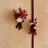 Handmade Preserved Burgundy Floral Boutonniere, Wrist Corsage, Wedding Party Accessory