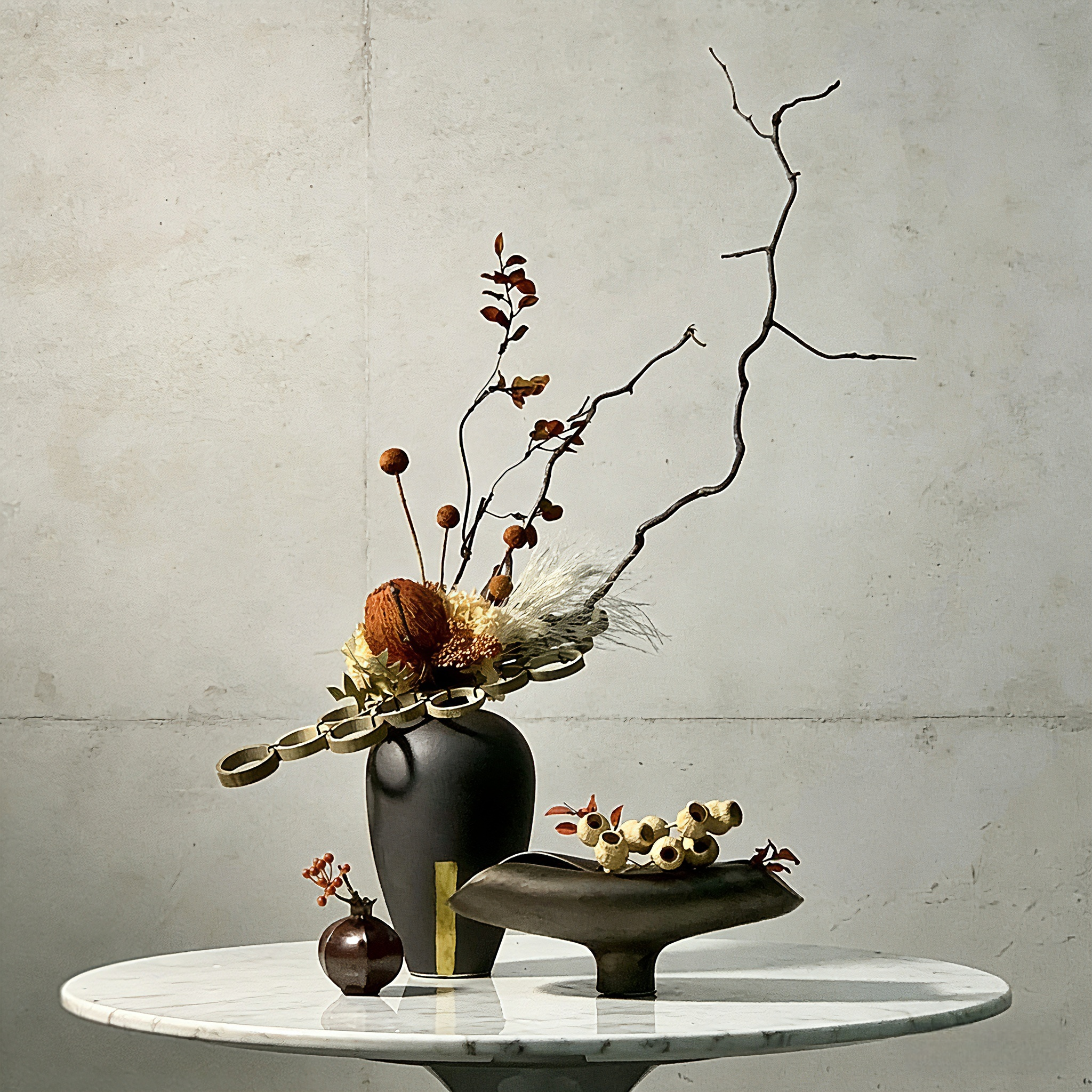 Handmade Wabi-Sabi Faux Floral With Preserved Branch Arrangement with Ceramic Vase