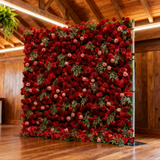 5D Burgundy Red Rose Flower With Green Leaf Backdrop: 8x8ft (2.4m*2.4m) Silk Wedding And Propose Decor
