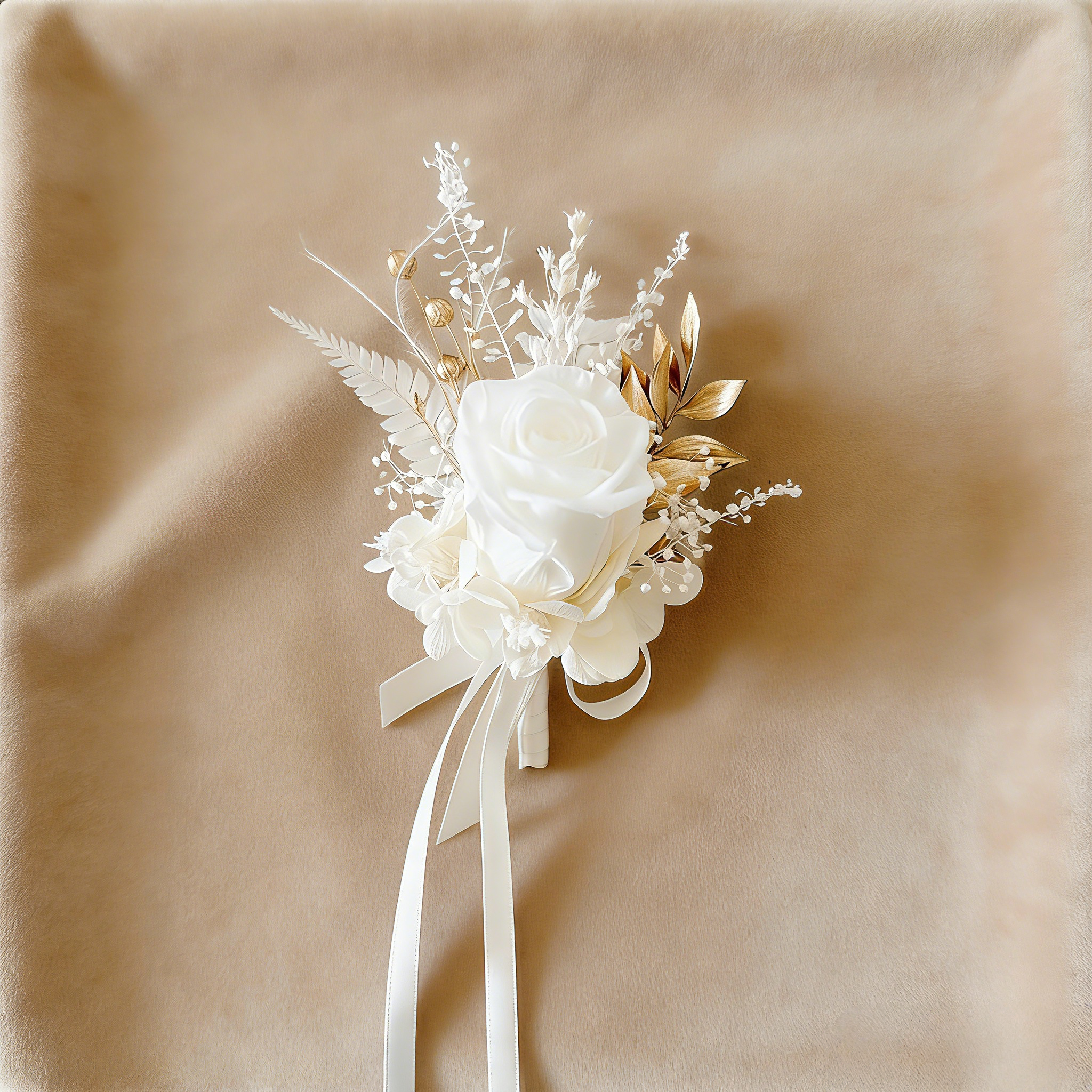 Handmade Preserved Champagne Floral Boutonniere, Wrist Corsage, Wedding Party Accessory