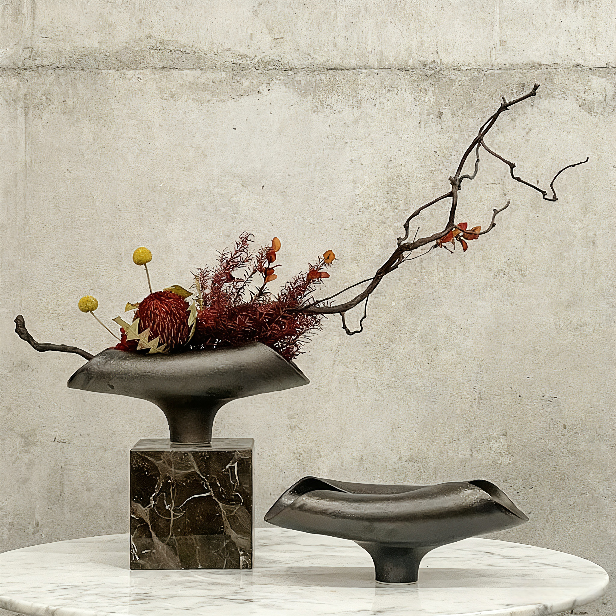 Handmade Wabi-Sabi Faux Floral Arrangement with Ceramic Vase