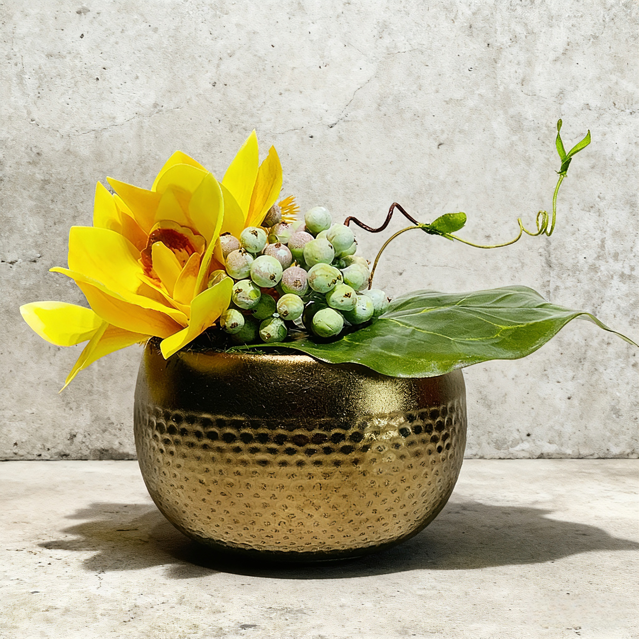 Handmade Silk Floral Arrangement: Yellow Orchid in Gold Ceramic Vase