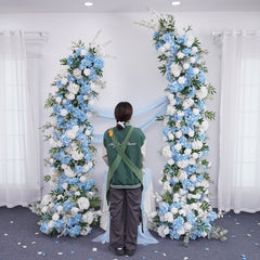 A8858 White Rose Blue Hydrangea Horn Arch Decor Wedding Backdrop Floor Flower Props