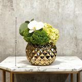 Handmade Silk Floral Arrangement: Yellow Orchid And Moss in Gold Ceramic Vase